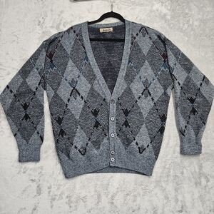 Vintage Jantzen Argyle Cardigan Sweater Mens Large Gray Diamond Pattern Grandpa
